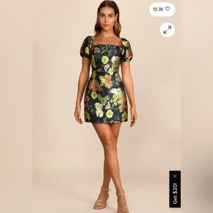 Lulu's Black Floral Brocade Puff-Sleeve Mini Dress